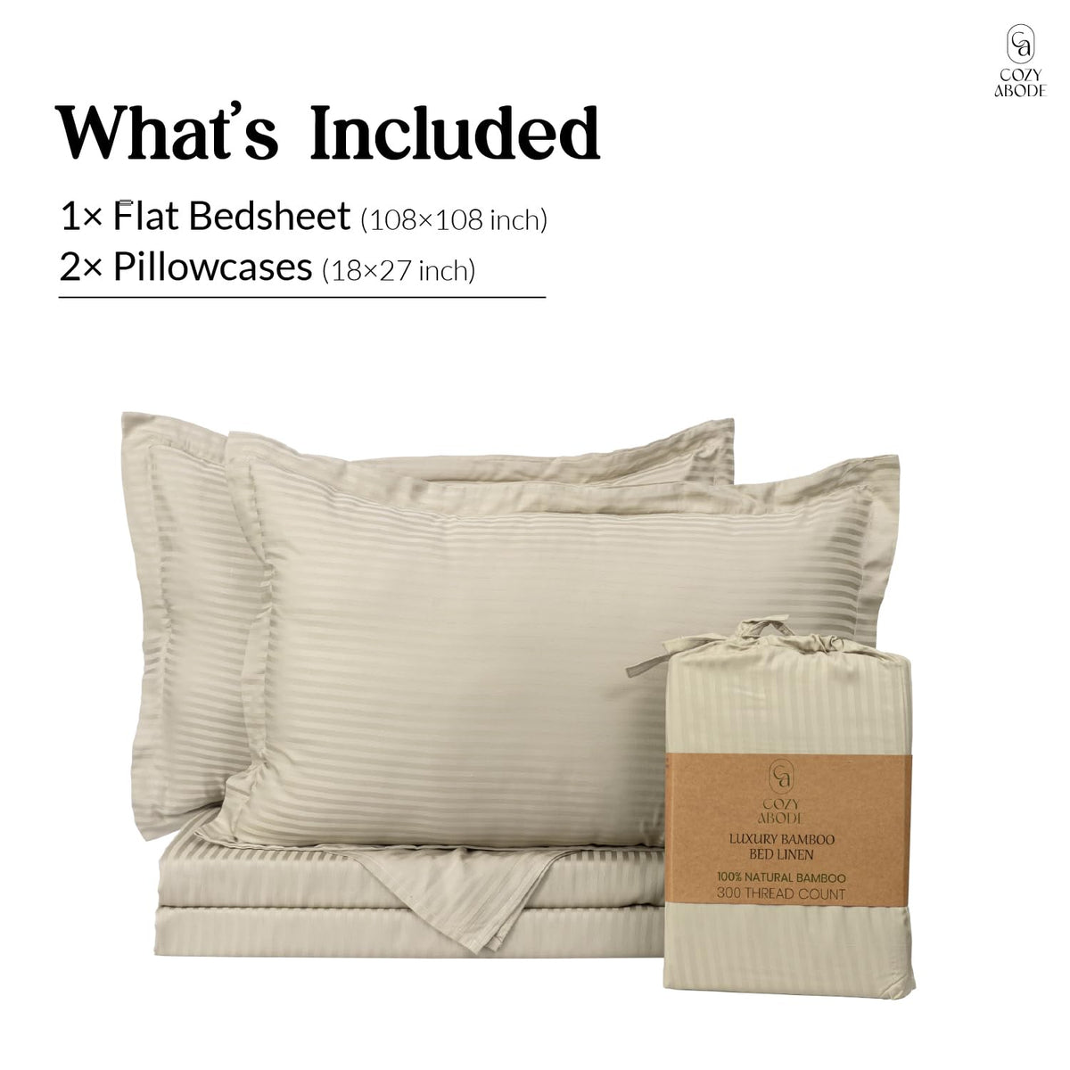 Luxury 300TC 100% Pure Bamboo Self Stripe Bedsheet Set – Flat King Size (108 x 108 inch) | Ultra Soft, Cooling, Breathable & Eco-Friendly with 2 Pillow Covers, Beige