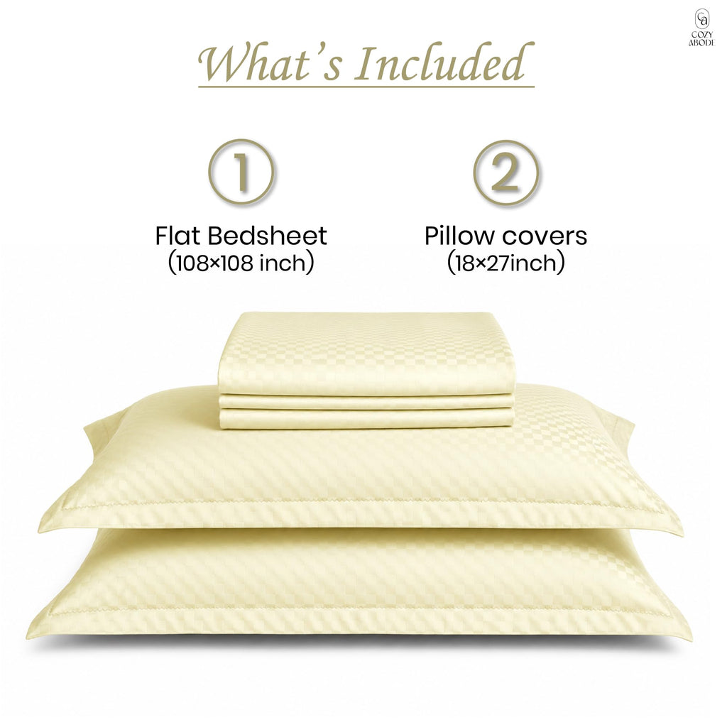 Premium 100% 350TC Jacquard Weave Microcheck King Size 108 x 108 Inches Bedsheet Set – Soft, Breathable & Durable Sateen Weave – 1 Flat Sheet, 2 Pillow Covers (Caramel)