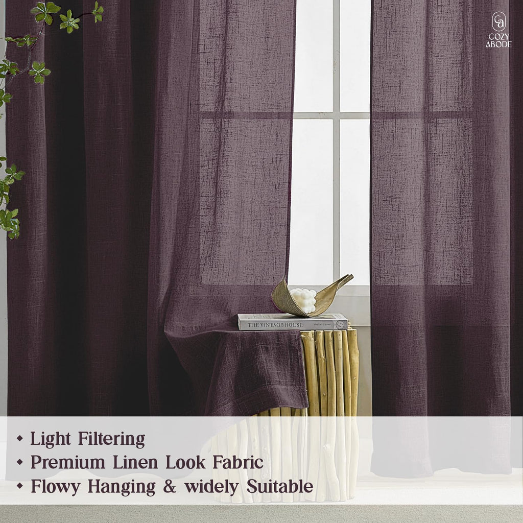 Linen Solid Curtain Set with Steel Eyelet Ring Top Light Filtering Linen Textured Semi-Sheer | 5 Feet | for Living Room, Bedroom & Balcony |150cm x 115cm (Aubergine, 5FT-Window)