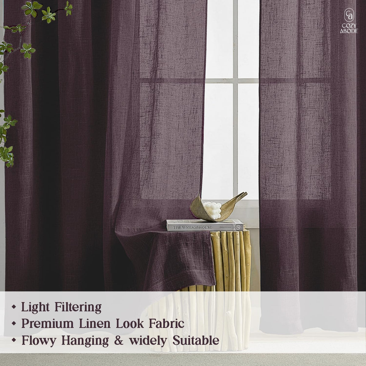 Linen Solid Curtain Set with Steel Eyelet Ring Top Light Filtering Linen Textured Semi-Sheer | 5 Feet | for Living Room, Bedroom & Balcony |150cm x 115cm (Aubergine, 5FT-Window)