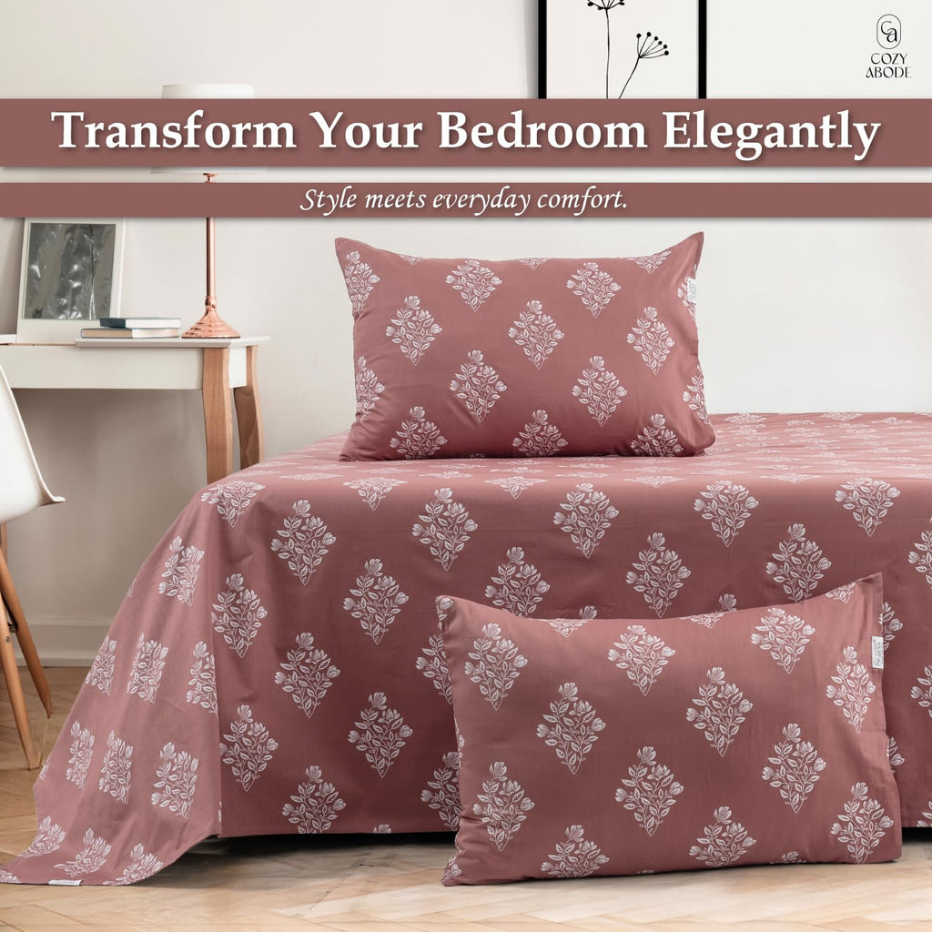 200TC 100% Cotton Elegant Floral Leaf Damask Printed Flat Bedsheet King Size (108 x 108 Inch) with 2 Pillow Covers – Soft Breathable Fabric, Dark Subtle Colours Bedding for Home, Beige