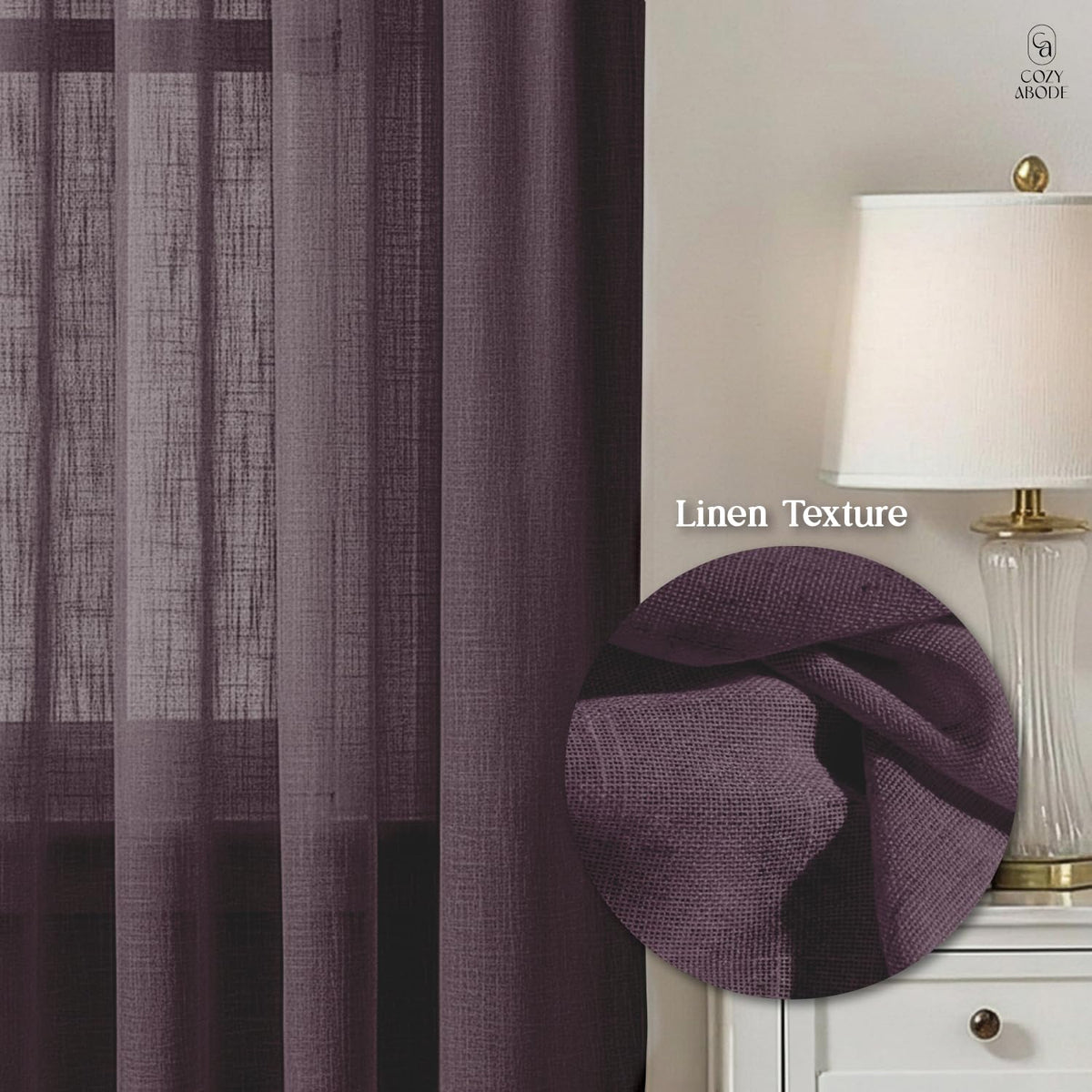 Linen Solid Curtain Set with Steel Eyelet Ring Top Light Filtering Linen Textured Semi-Sheer | 5 Feet | for Living Room, Bedroom & Balcony |150cm x 115cm (Aubergine, 5FT-Window)