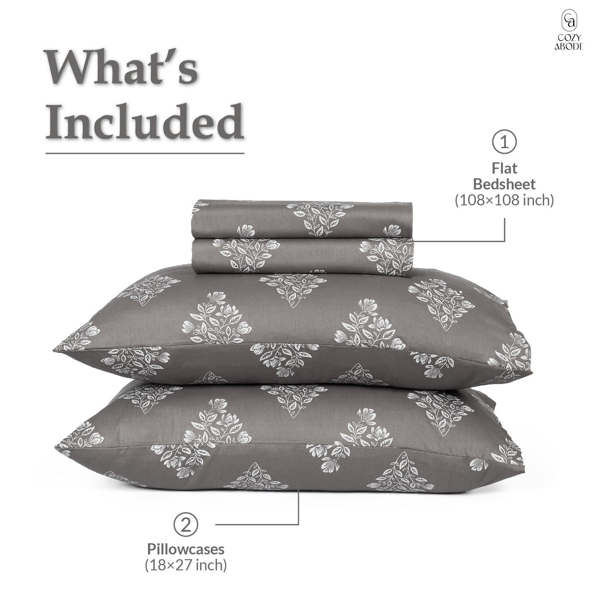 200TC 100% Cotton Elegant Floral Leaf Damask Printed Flat Bedsheet King Size (108 x 108 Inch) with 2 Pillow Covers – Soft Breathable Fabric, Dark Subtle Colours Bedding for Home, Beige