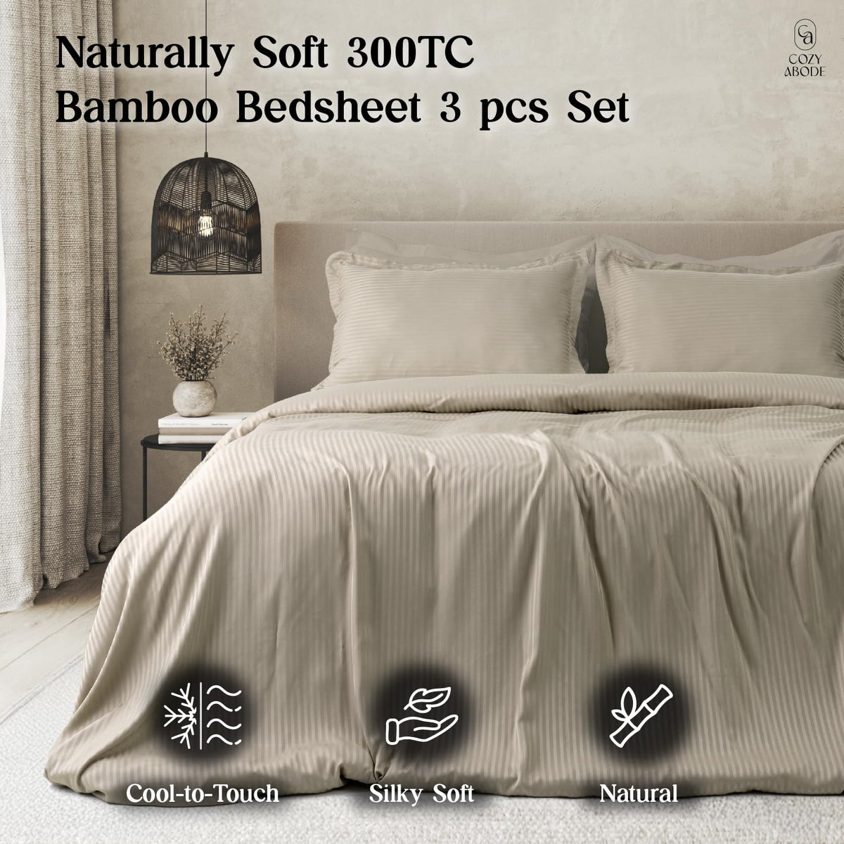 Luxury 300TC 100% Pure Bamboo Self Stripe Bedsheet Set – Flat King Size (108 x 108 inch) | Ultra Soft, Cooling, Breathable & Eco-Friendly with 2 Pillow Covers, Beige