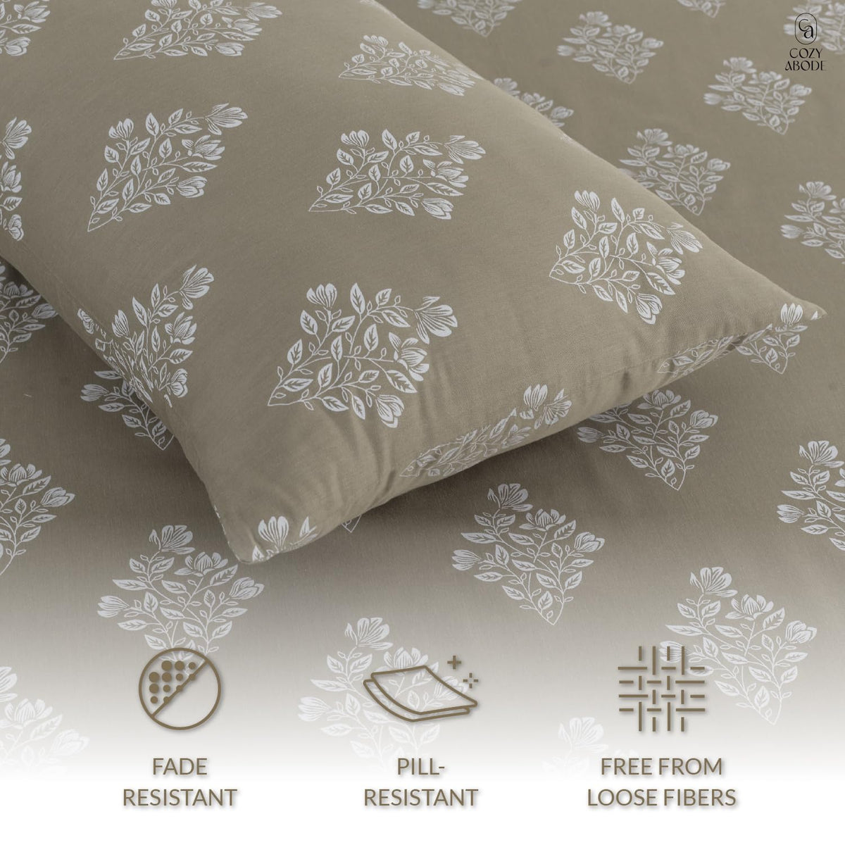 200TC 100% Cotton Elegant Floral Leaf Damask Printed Flat Bedsheet King Size (108 x 108 Inch) with 2 Pillow Covers – Soft Breathable Fabric, Dark Subtle Colours Bedding for Home, Beige
