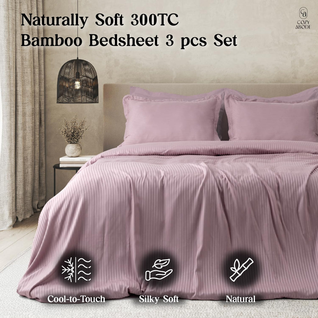 Luxury 300TC 100% Pure Bamboo Self Stripe Bedsheet Set – Flat King Size (108 x 108 inch) | Ultra Soft, Cooling, Breathable & Eco-Friendly with 2 Pillow Covers, Beige