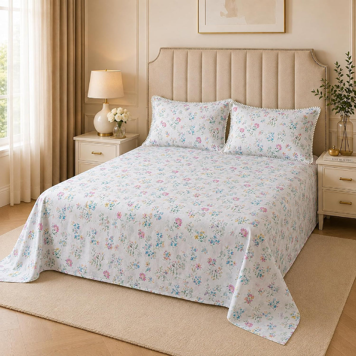 200TC 100% Cotton Percale Bedsheet Set with Lace Detailed Pillow Covers - White