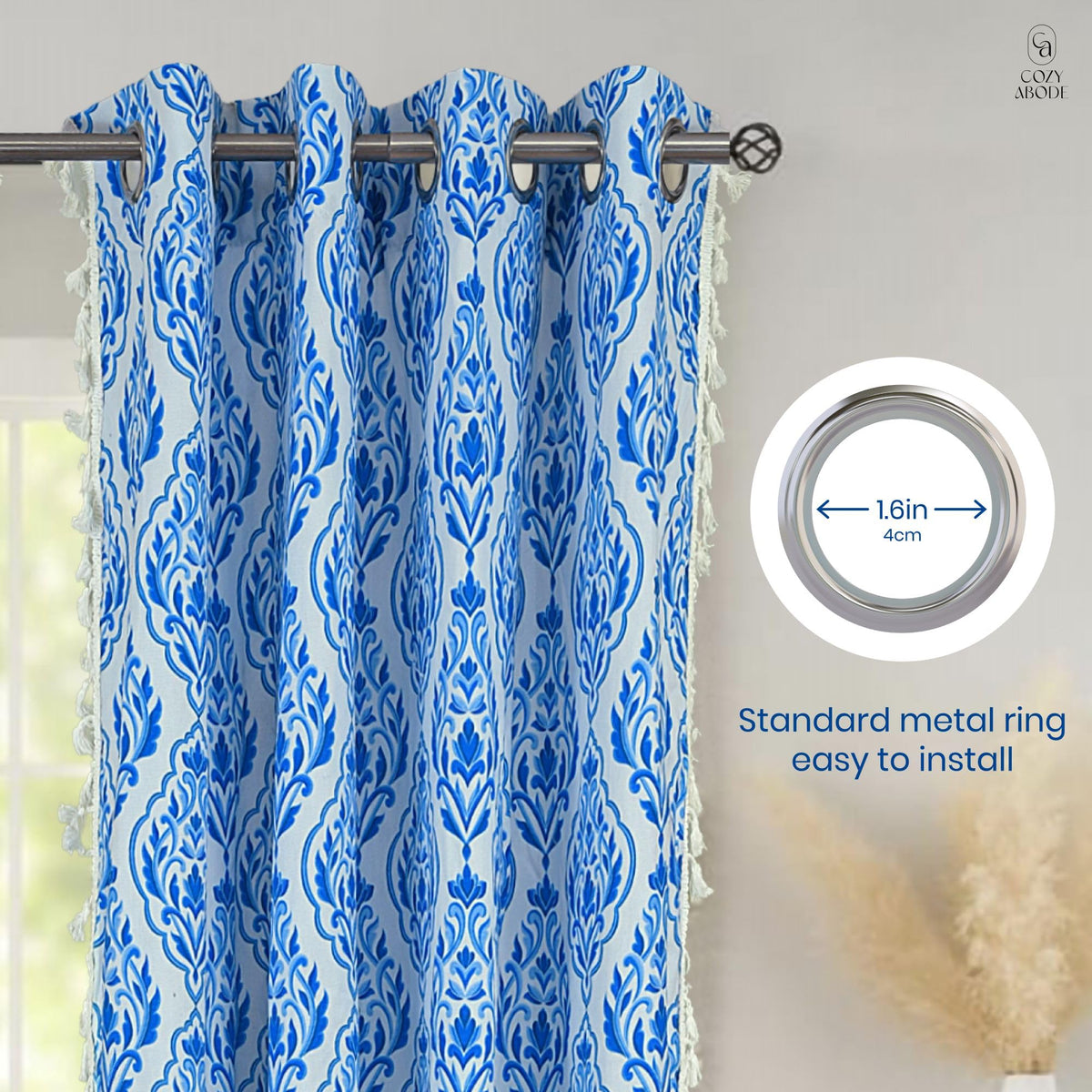 100% Cotton Printed Curtain Set with Steel Eyelet Ring Top - 70-80% Room Darkening Window Curtains | 5 Feet for Living Room, Bedroom & Balcony 150x115cm (Blue/White Damask, 5FT (Window))