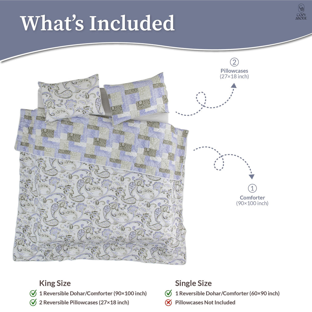 200 TC 100% Cotton Reversible Lightly Quilted Comforter/Dohar | Elegant Paisley Print | Double-Sided Design | Soft, Breathable & All-Season Comfort, Blue, Double