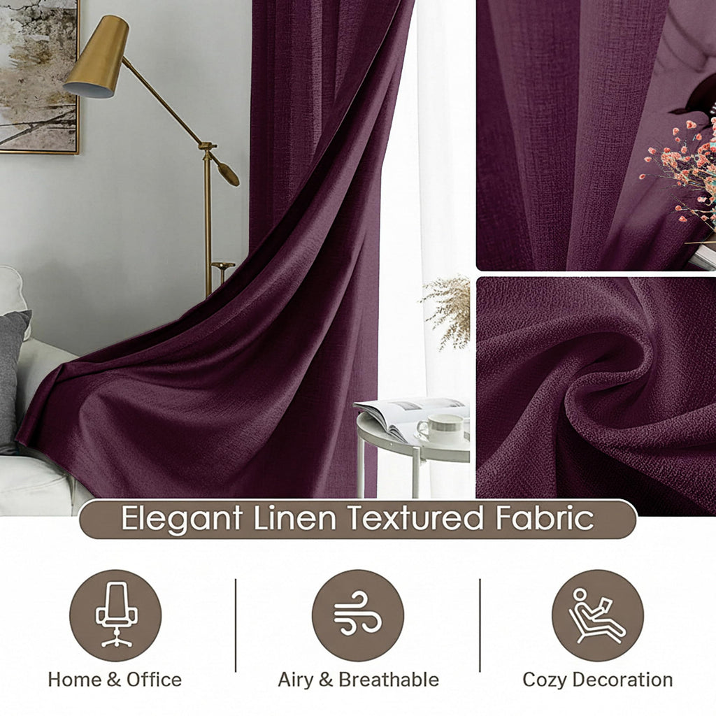 Linen Solid Curtain Set with Steel Eyelet Ring Top Light Filtering Linen Textured Semi-Sheer | 5 Feet | for Living Room, Bedroom & Balcony |150cm x 115cm (Aubergine, 5FT-Window)