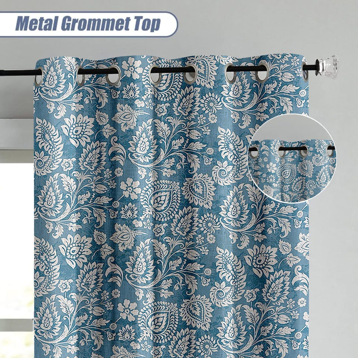 Printed Linen Curtain Set Grommet Ring Top Light Filtering Linen Textured Semi-Sheer | 5 Feet | for Living Room, Bedroom & Balcony |150cm x 115cm (Blue/White Paisley, 5 FT (Window)