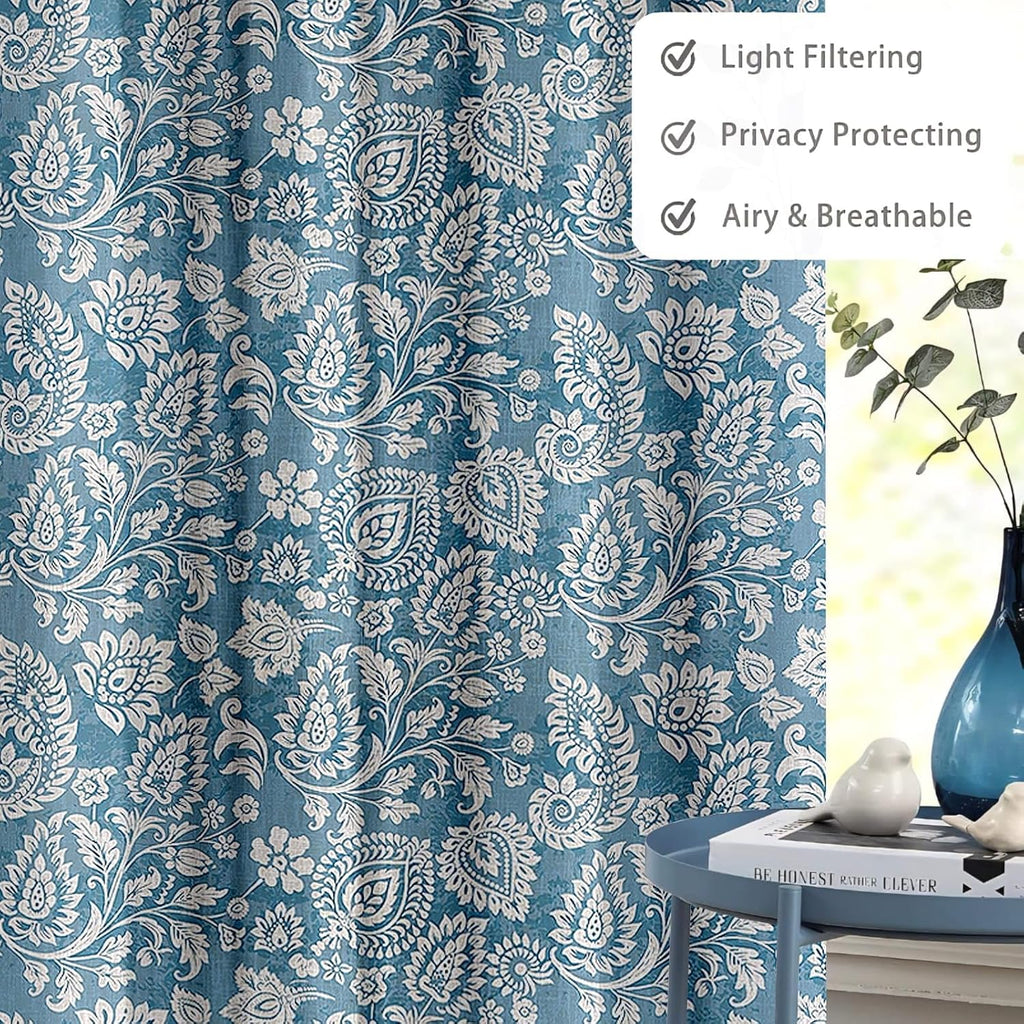 Printed Linen Curtain Set Grommet Ring Top Light Filtering Linen Textured Semi-Sheer | 5 Feet | for Living Room, Bedroom & Balcony |150cm x 115cm (Blue/White Paisley, 5 FT (Window)