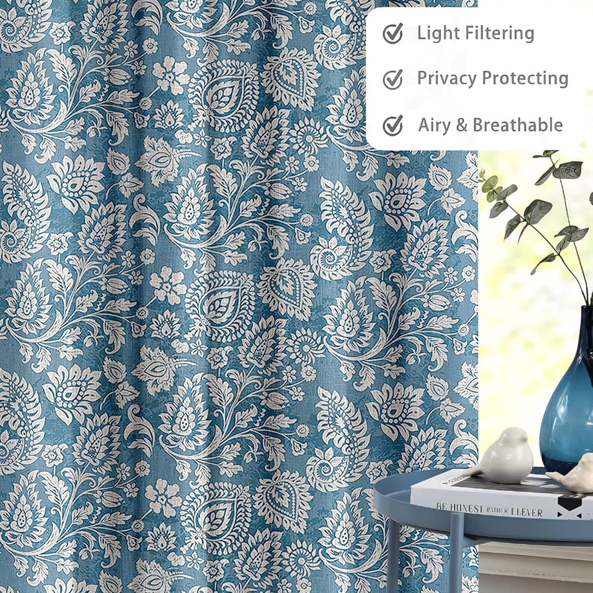 Printed Linen Curtain Set Grommet Ring Top Light Filtering Linen Textured Semi-Sheer | 5 Feet | for Living Room, Bedroom & Balcony |150cm x 115cm (Blue/White Paisley, 5 FT (Window)