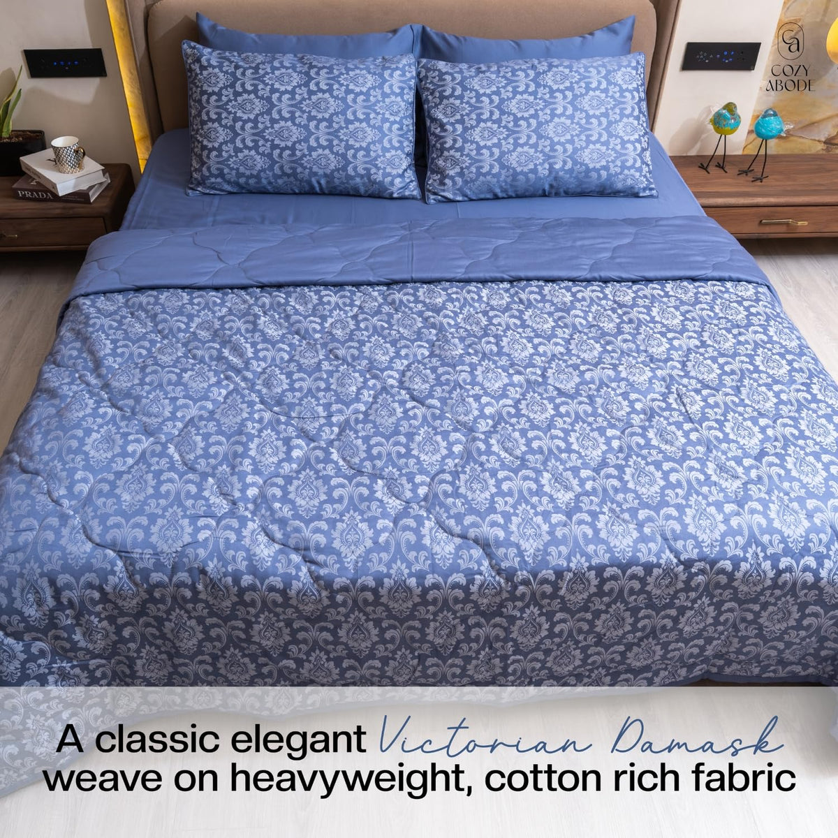 600 TC Jacquard Luxury Bedding Set with Quilted Comforter, Bedsheet & 4 Pillow Covers | Ultra Soft, All-Season | Premium Bedding (Blue, King 275x275cm, Vintage Ornamental)