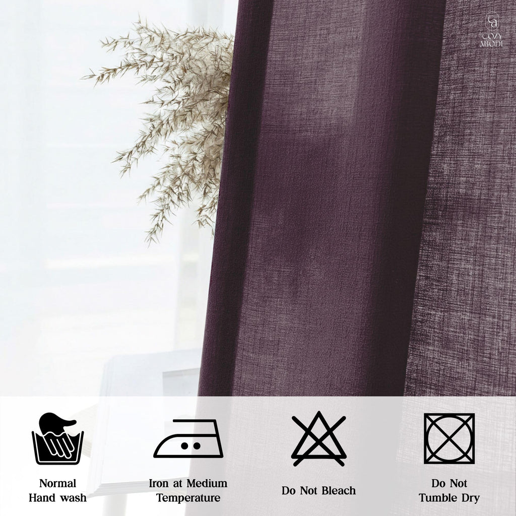 Linen Solid Curtain Set with Steel Eyelet Ring Top Light Filtering Linen Textured Semi-Sheer | 5 Feet | for Living Room, Bedroom & Balcony |150cm x 115cm (Aubergine, 5FT-Window)