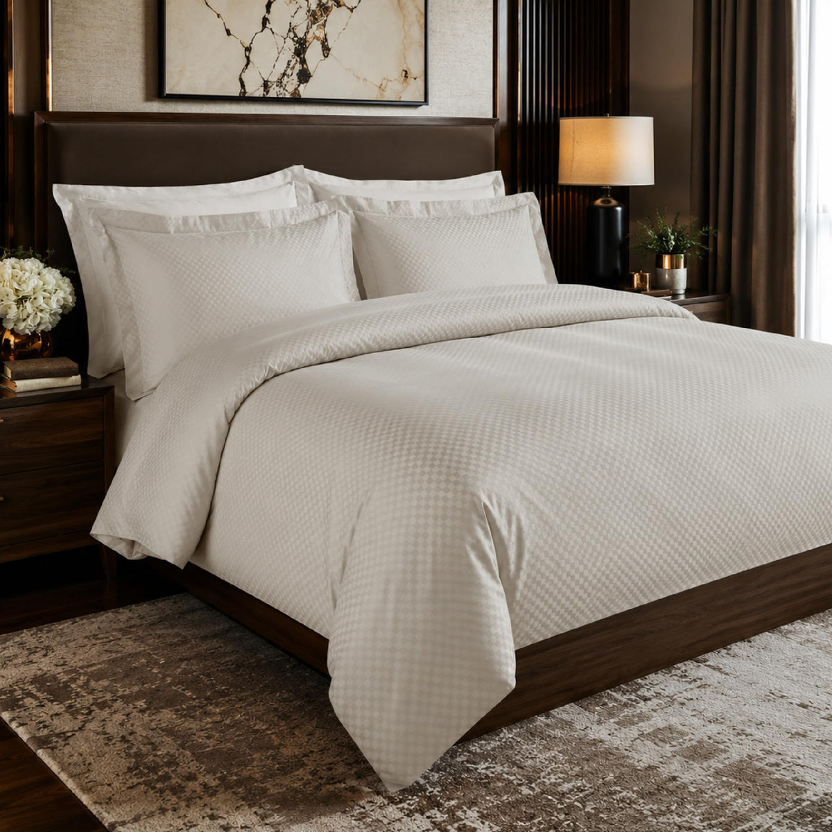 Premium 100% 350TC Jacquard Weave Microcheck King Size 108 x 108 Inches Bedsheet Set – Soft, Breathable & Durable Sateen Weave – 1 Flat Sheet, 2 Pillow Covers (Caramel)