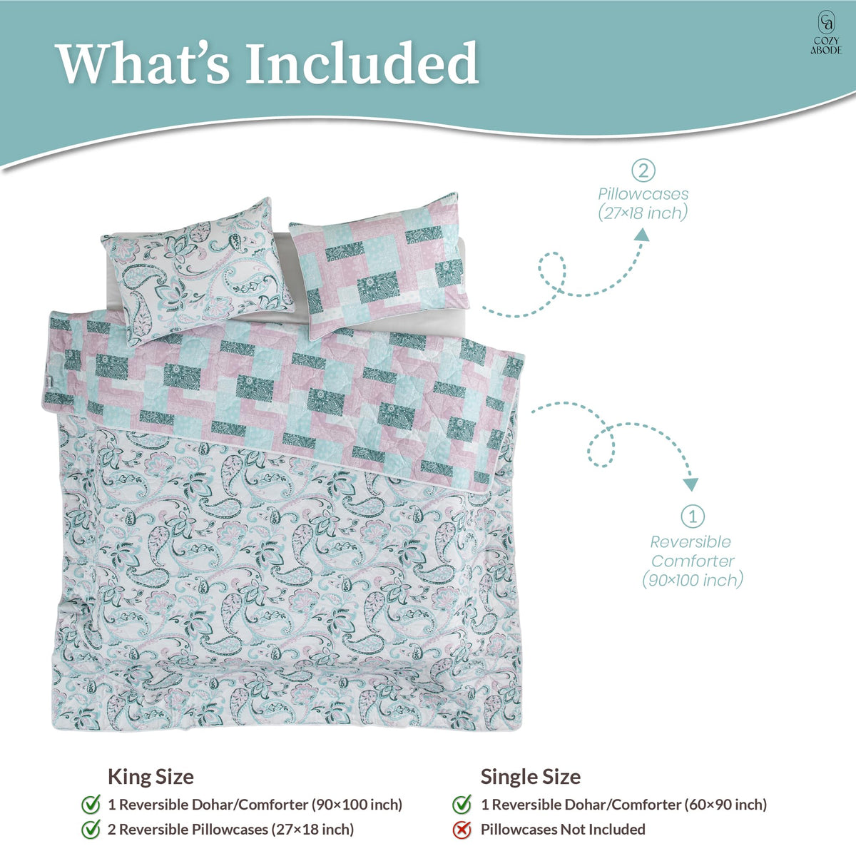 200 TC 100% Cotton Reversible Lightly Quilted Comforter/Dohar | Elegant Paisley Print | Double-Sided Design | Soft, Breathable & All-Season Comfort, Blue, Double