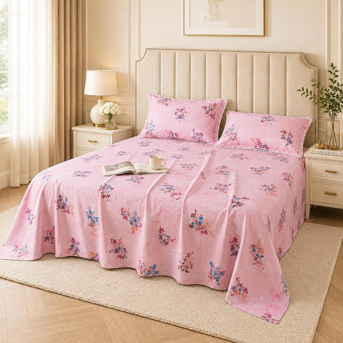 200TC 100% Cotton Percale Bedsheet Set with Lace Detailed Pillow Covers - White (Pink)