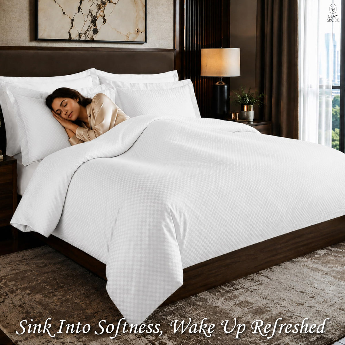 Premium 100% 350TC Jacquard Weave Microcheck King Size 108 x 108 Inches Bedsheet Set – Soft, Breathable & Durable Sateen Weave – 1 Flat Sheet, 2 Pillow Covers (Caramel)