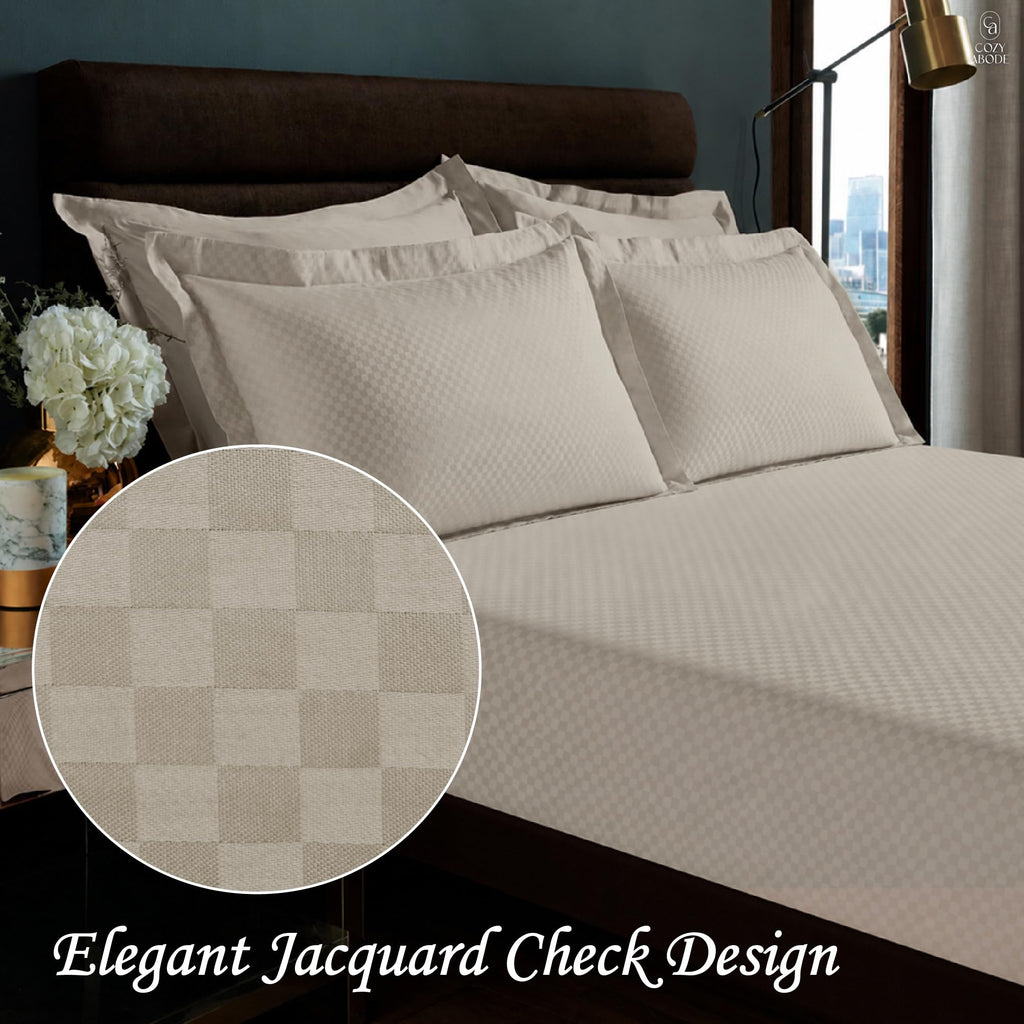 Premium 100% 350TC Jacquard Weave Microcheck King Size 108 x 108 Inches Bedsheet Set – Soft, Breathable & Durable Sateen Weave – 1 Flat Sheet, 2 Pillow Covers (Caramel)