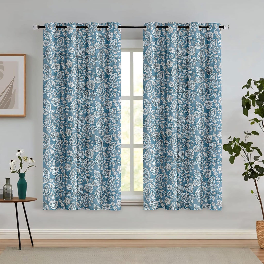 Printed Linen Curtain Set Grommet Ring Top Light Filtering Linen Textured Semi-Sheer | 5 Feet | for Living Room, Bedroom & Balcony |150cm x 115cm (Blue/White Paisley, 5 FT (Window)