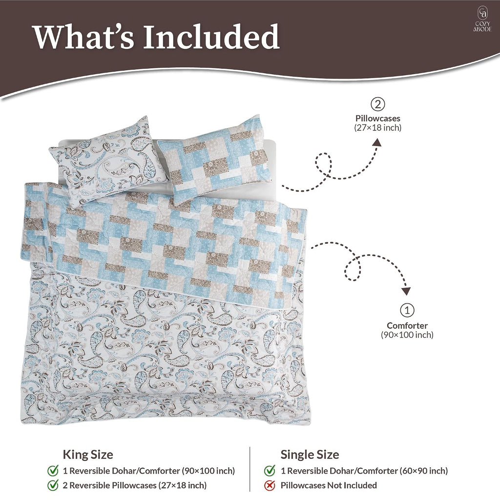 200 TC 100% Cotton Reversible Lightly Quilted Comforter/Dohar | Elegant Paisley Print | Double-Sided Design | Soft, Breathable & All-Season Comfort, Blue, Double