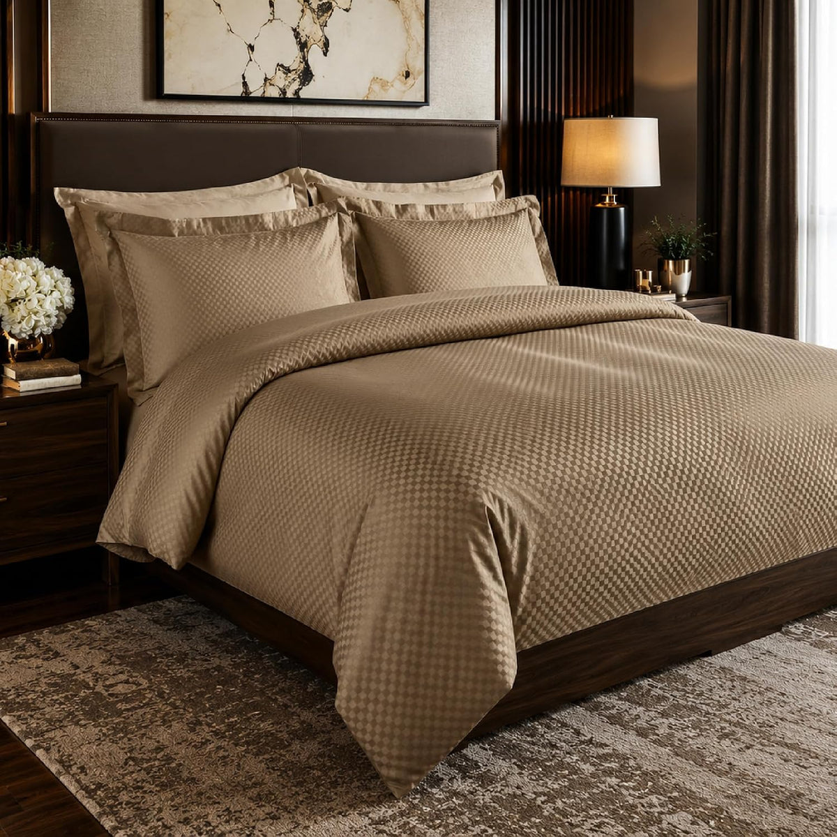Premium 100% 350TC Jacquard Weave Microcheck King Size 108 x 108 Inches Bedsheet Set – Soft, Breathable & Durable Sateen Weave – 1 Flat Sheet, 2 Pillow Covers (Caramel)