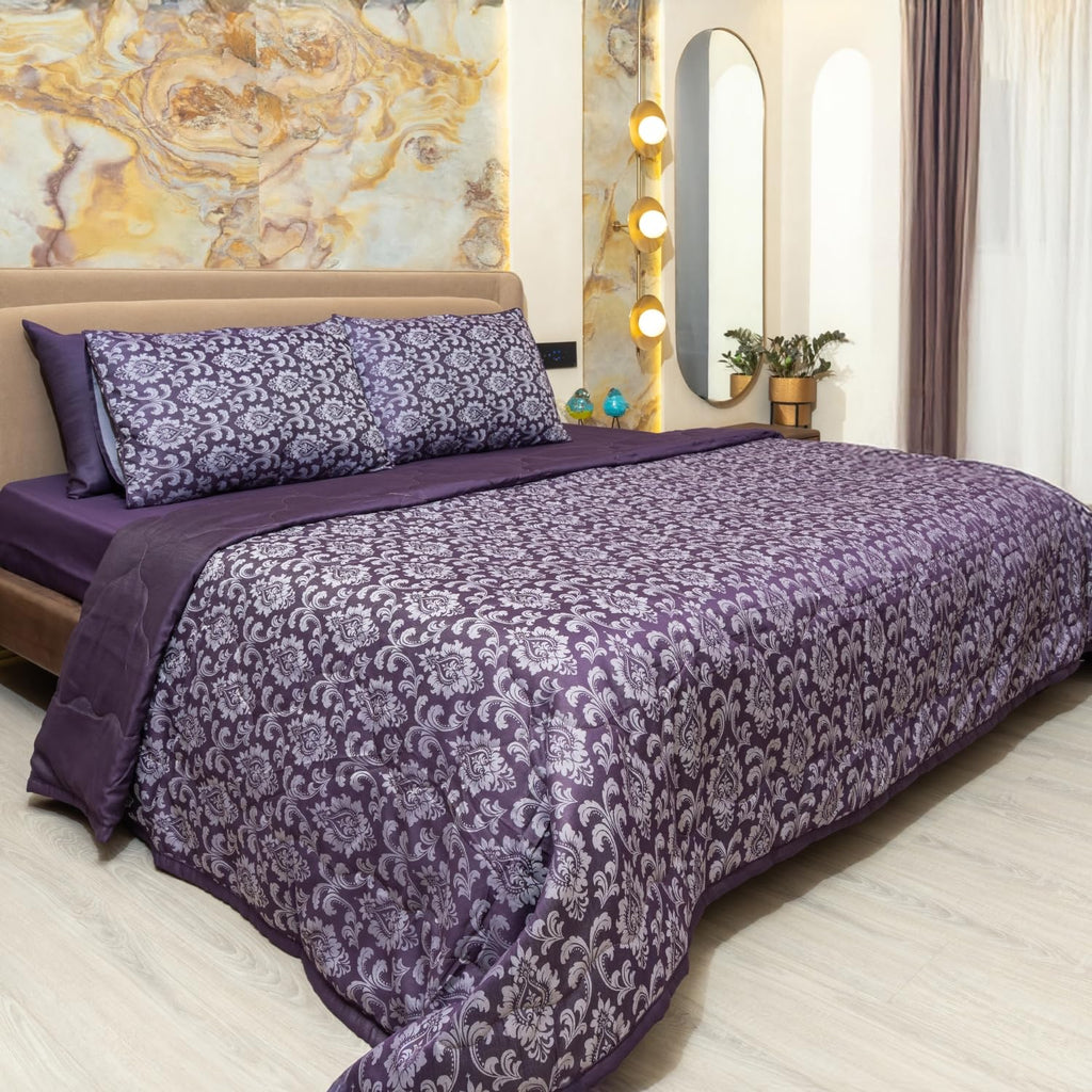 600 TC Jacquard Luxury Bedding Set with Quilted Comforter, Bedsheet & 4 Pillow Covers | Ultra Soft, Breathable, All-Season | Hotel Style Bedding (Victorian Damask)