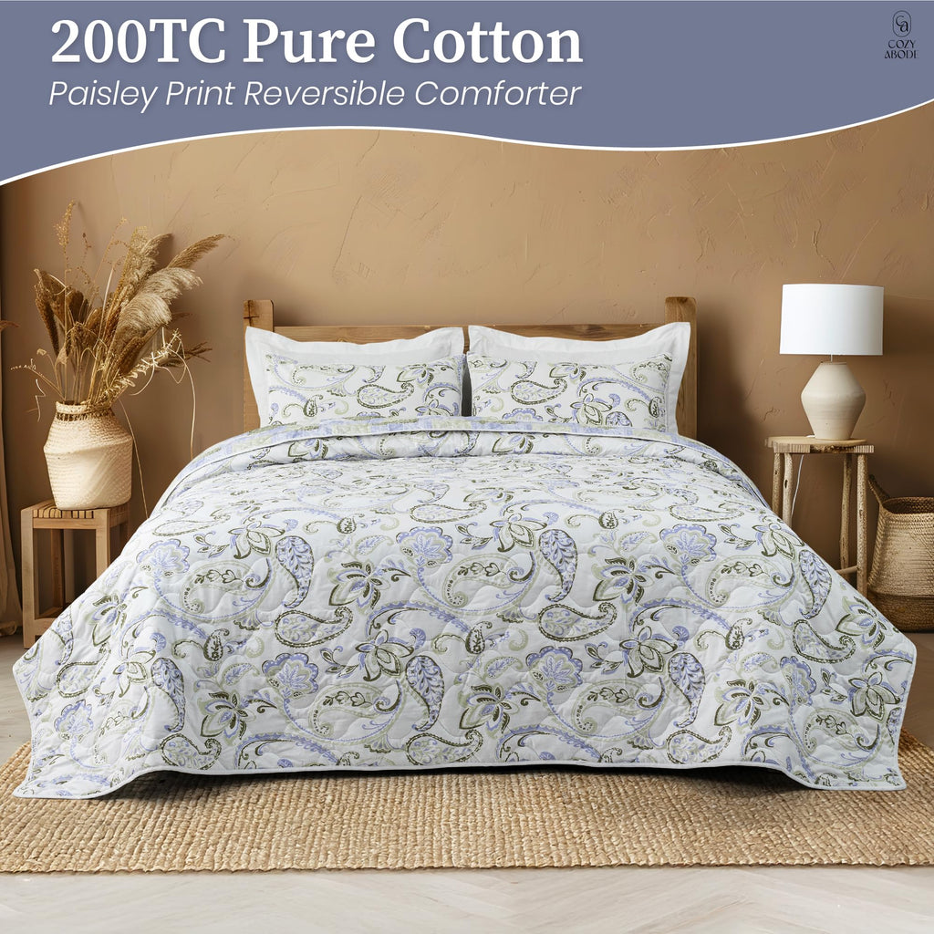 200 TC 100% Cotton Reversible Lightly Quilted Comforter/Dohar | Elegant Paisley Print | Double-Sided Design | Soft, Breathable & All-Season Comfort, Blue, Double