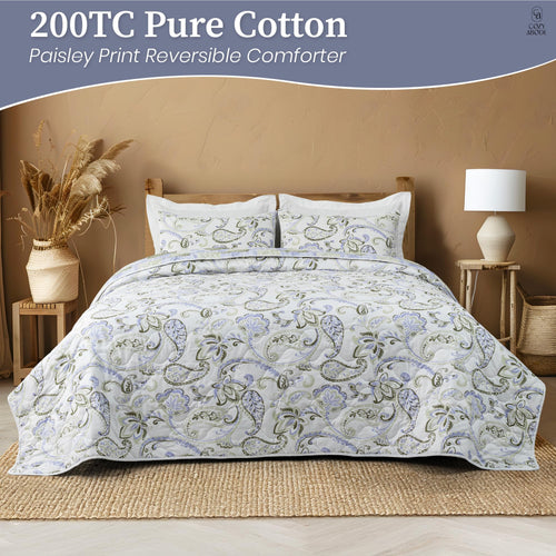 200 TC 100% Cotton Reversible Lightly Quilted Comforter/Dohar | Elegant Paisley Print | Double-Sided Design | Soft, Breathable & All-Season Comfort, Blue, Double