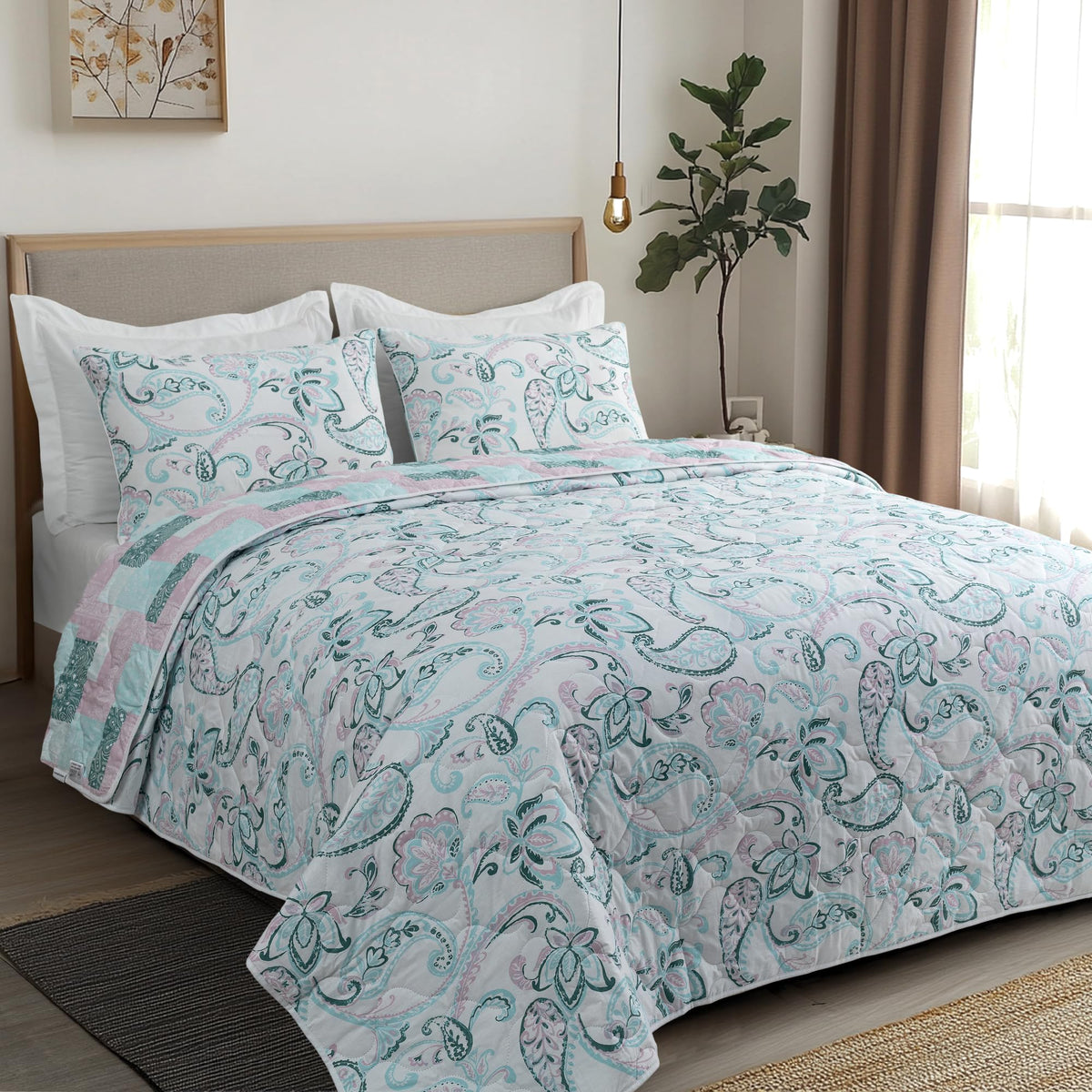 200 TC 100% Cotton Reversible Lightly Quilted Comforter/Dohar | Elegant Paisley Print | Double-Sided Design | Soft, Breathable & All-Season Comfort, Blue, Double