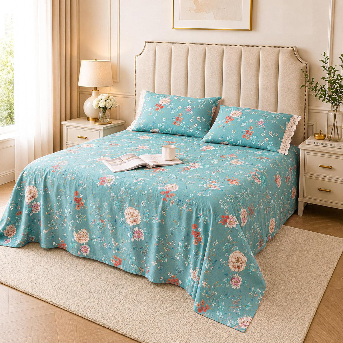 200TC 100% Cotton Percale Bedsheet Set with Lace Detailed Pillow Covers - (Teal)
