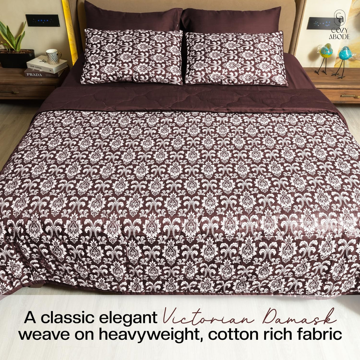 600 TC Jacquard Luxury Bedding Set with Quilted Comforter, Bedsheet & 4 Pillow Covers | Ultra Soft, All-Season | Premium Bedding (Blue, King 275x275cm, Vintage Ornamental)