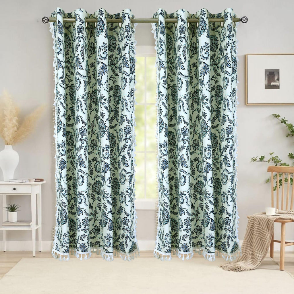 100% Cotton Printed Curtain Set with Steel Eyelet Ring Top - 70-80% Room Darkening Window Curtains | 5 Feet for Living Room, Bedroom & Balcony 150x115cm (Blue/White Damask, 5FT (Window))