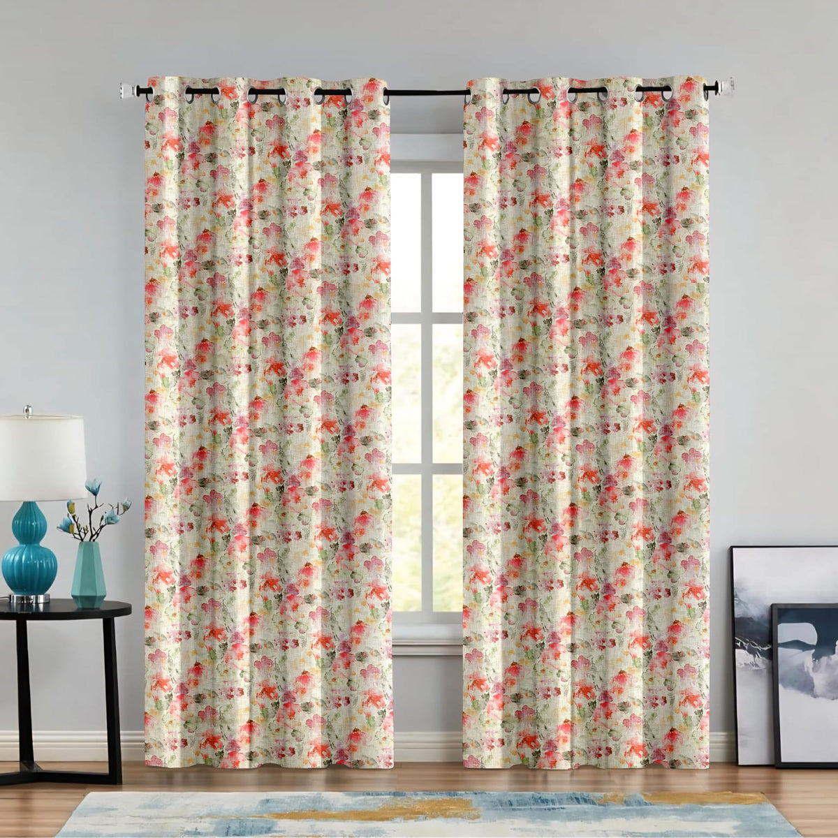 Printed Linen Curtain Set Grommet Ring Top Light Filtering Linen Textured Semi-Sheer | 5 Feet | for Living Room, Bedroom & Balcony |150cm x 115cm (Blue/White Paisley, 5 FT (Window)