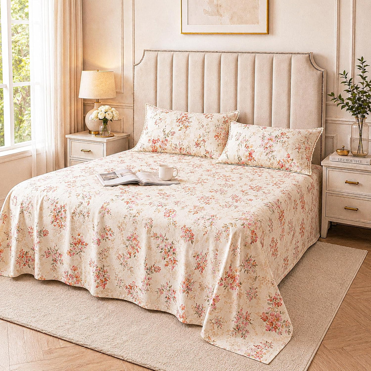 200TC 100% Cotton Percale Bedsheet Set with Lace Detailed Pillow Covers - (Ivory)