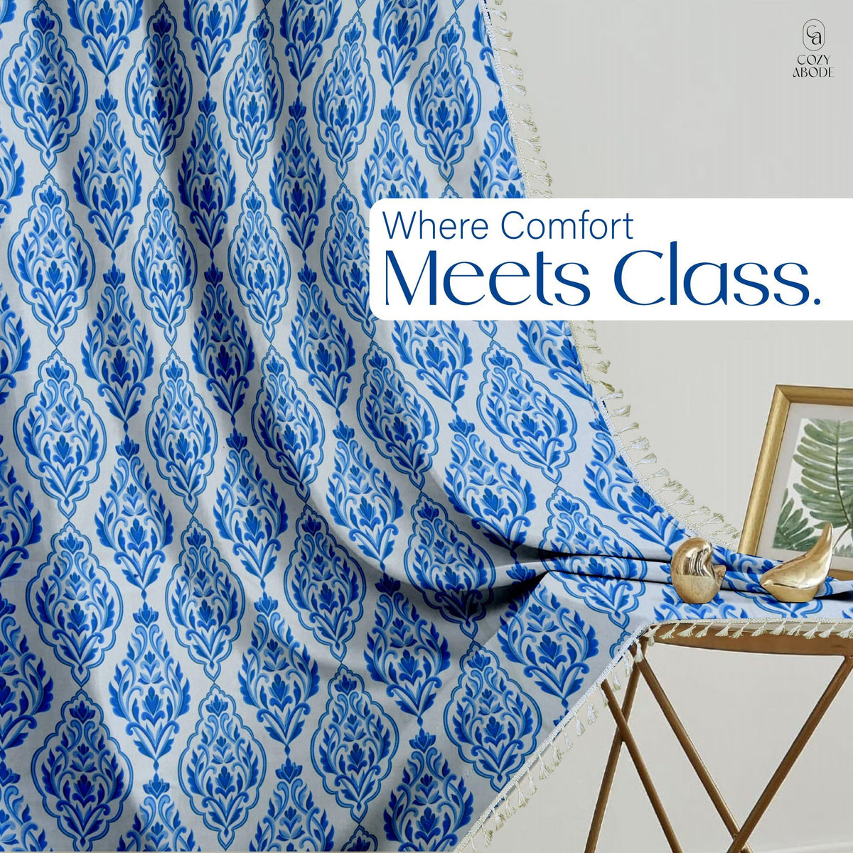 100% Cotton Printed Curtain Set with Steel Eyelet Ring Top - 70-80% Room Darkening Window Curtains | 5 Feet for Living Room, Bedroom & Balcony 150x115cm (Blue/White Damask, 5FT (Window))
