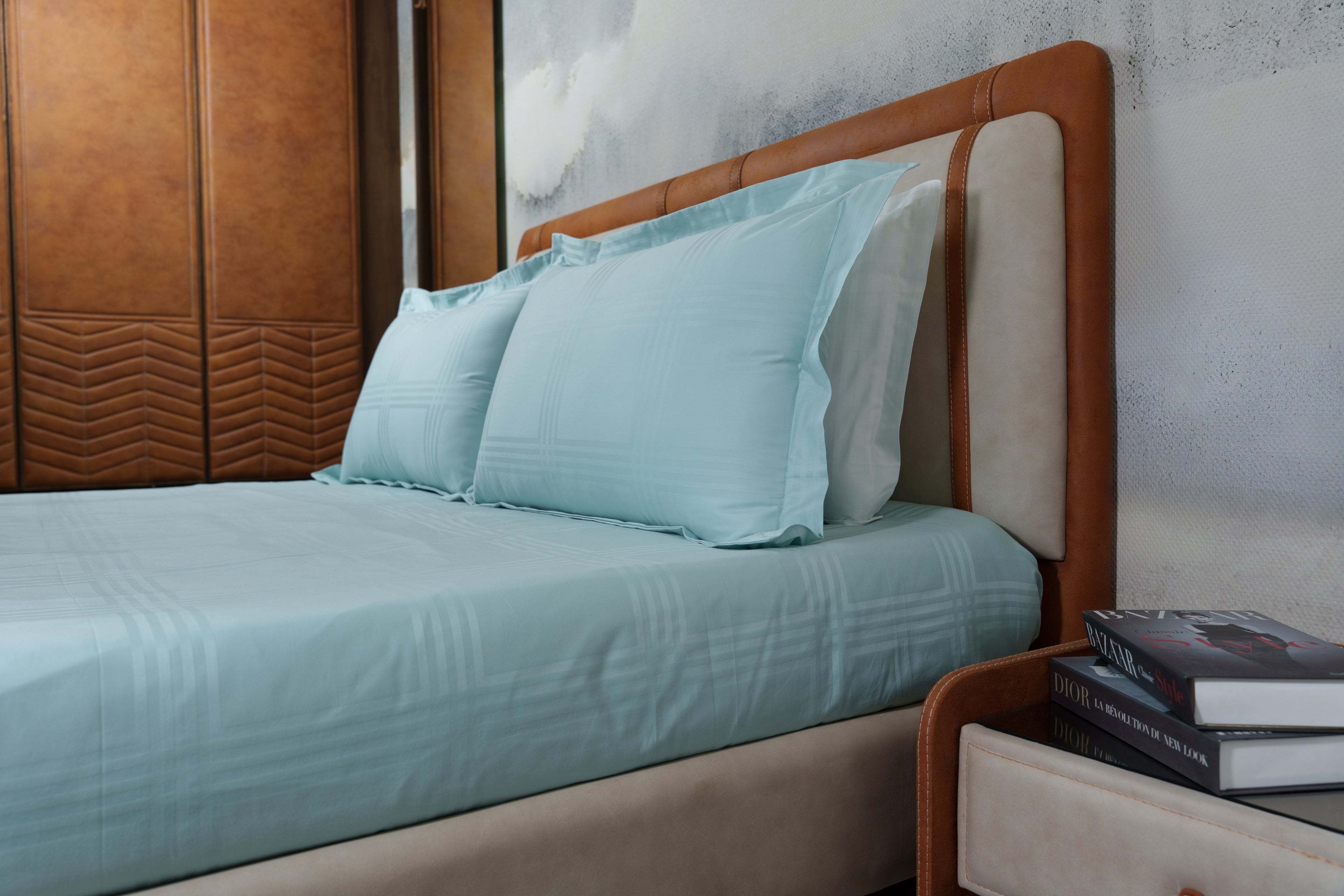 500TC Elegant Check Cotton Flat Bedsheet Set